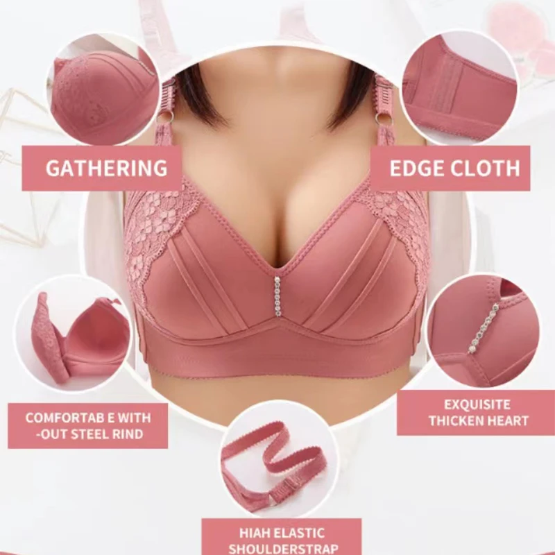 Large size embroidered glossy non-steel ring push up women\'s bra adjustable thin section three rows of buttons mom underwear