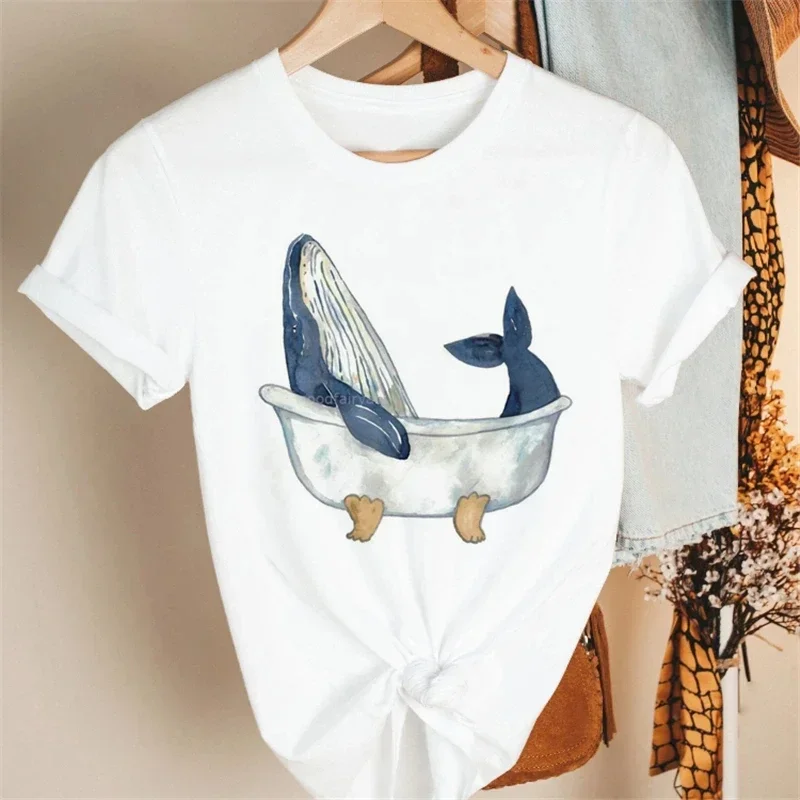 Cartoon Blue Whale Print t-shirt Cotton Retro Harajuku abbigliamento a maniche corte Top Y2k t-shirt Summer Harajuku Large t-shirt