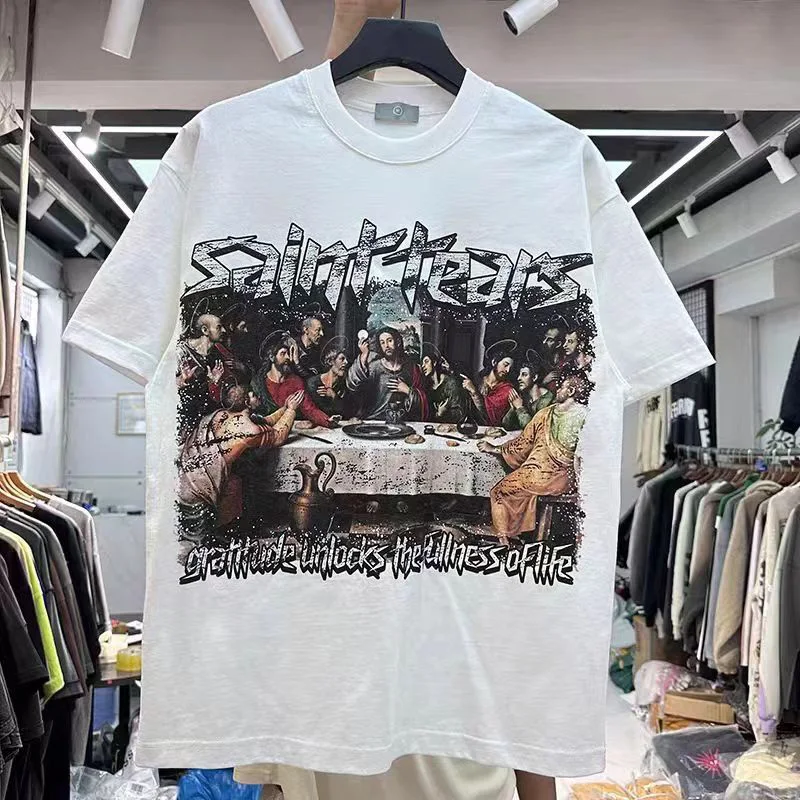 2024ss Saint T-shirt Black White Men Woman 1:1 Good Quality Last Supper Printing Loose Casual Vintage Tops Tee