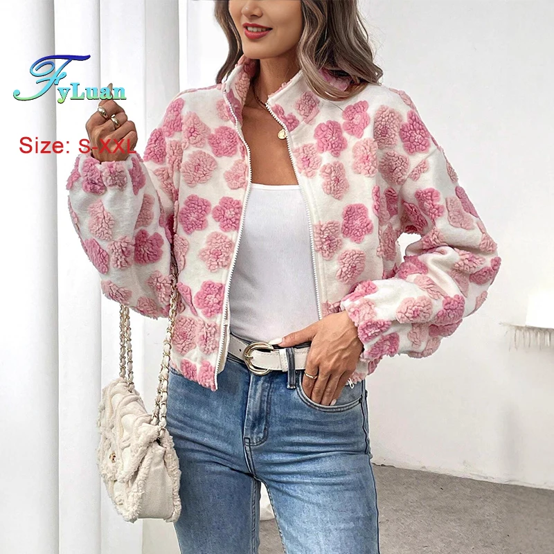 

2025 Autumn Winter Suede Flower Women Short Blazer Coat Pink Design Sense Stand Collar Jacket Fashion Versatile Casual Coat Tops