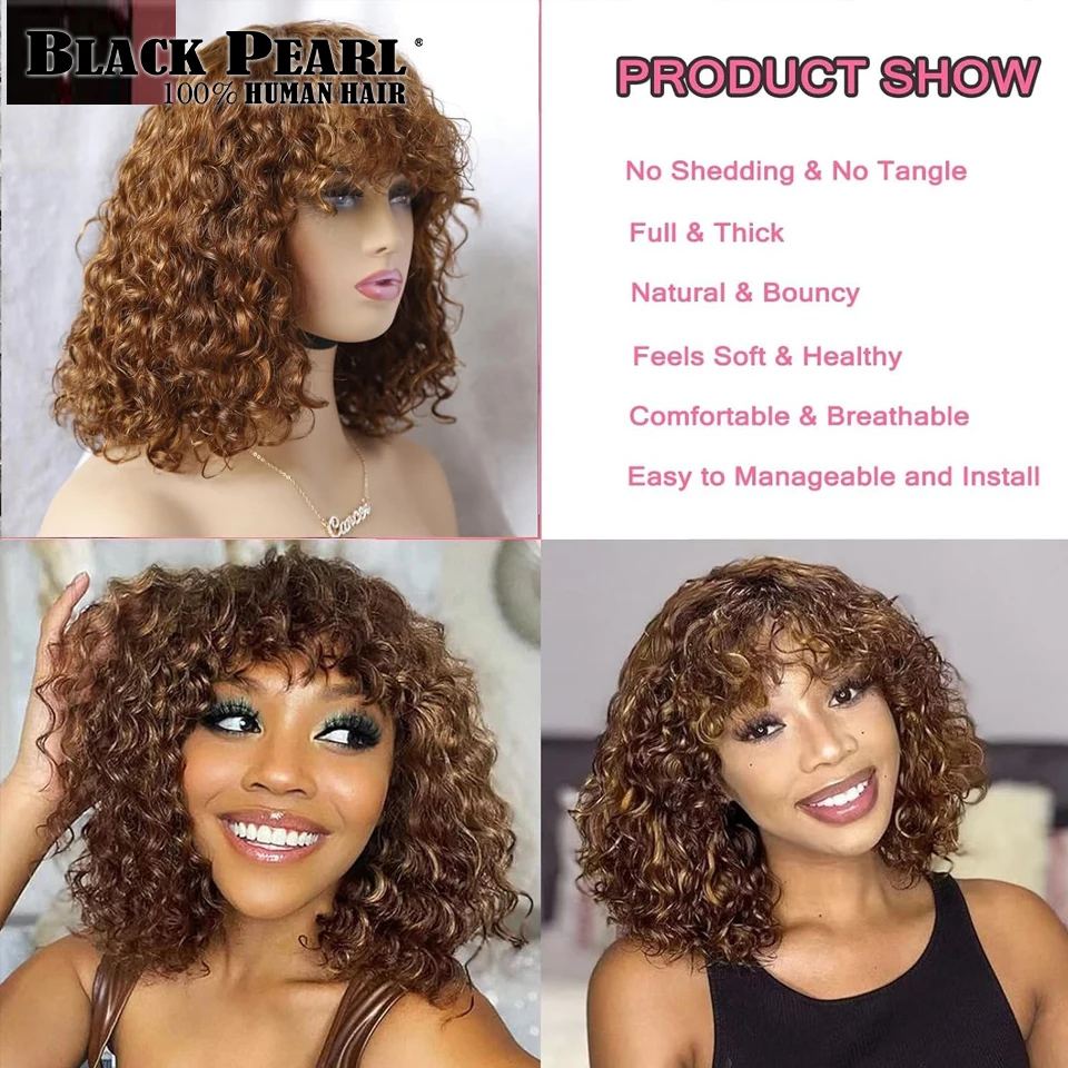 Peluca de cabello humano brasileño con flequillo, corte Bob Pixie corto, con encaje frontal