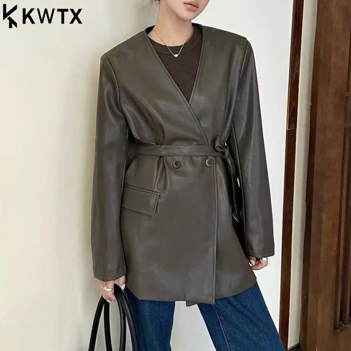 

KWTX Women’s Solid Leather Blazer Jacket V Neck Belted Two Button Comfortable Slim Fit Casual Elegant High Quality Spring Summer