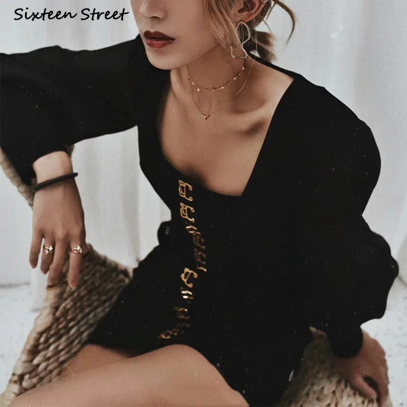 Vintage Neue Schwarze Kleid Frau Einreiher Square Neck Bodycon Kleid Weibliche Herbst Lange-sleeve Sexy Abend Party Kleider