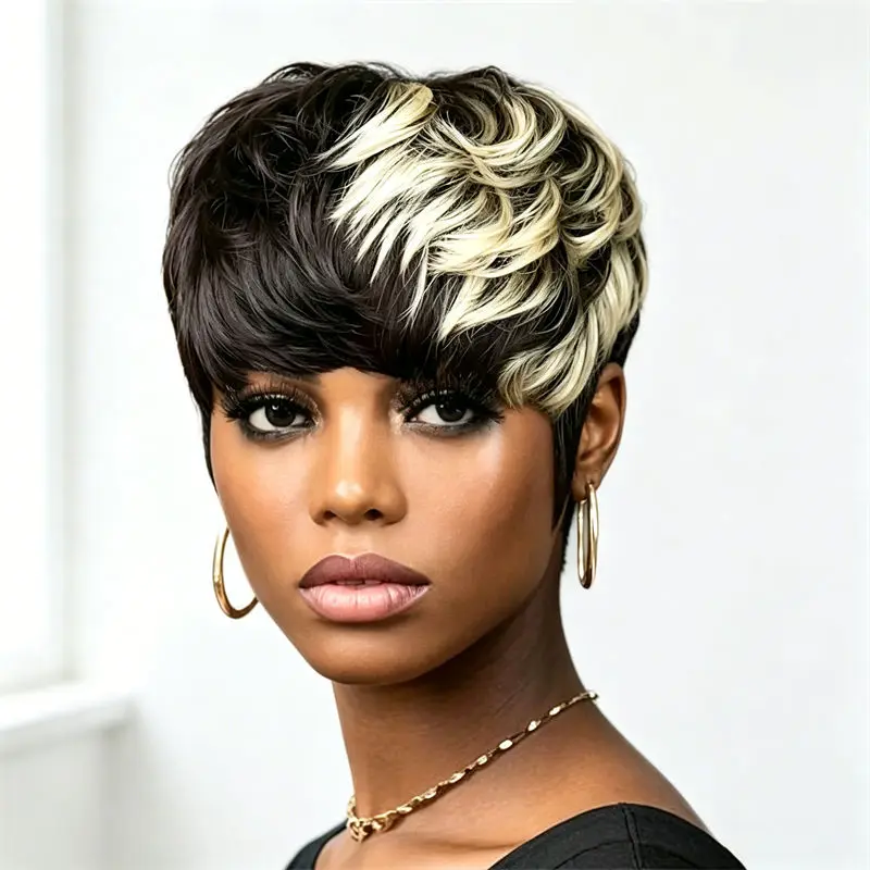 

Short Pixie Cut Wig Black With Blonde Pink Highlight Full Machine Made With Bangs Soft Smooth For Women Daily Party Cosplay
