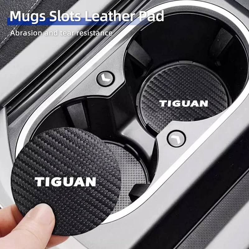 

2Pcs Car Leather/Carbon Fiber Water Cup Coasters Anti-Slip Pads For VW Tiguan CC Jetta Polo Golf Passat Scirocco T-ROC Touareg