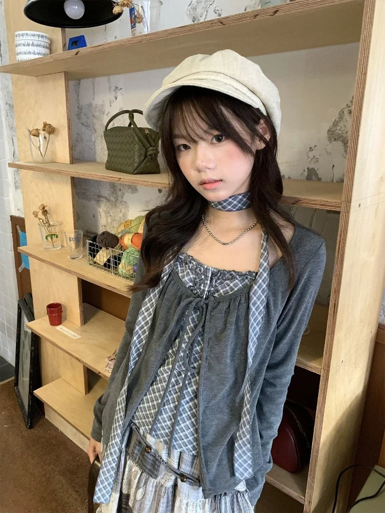 Girls Subculture Vintage Slim Fit Fake Two Long Sleeve Pullover Tops Sweet Kawaii Y2K Lolita Elegant Autumn Winter Daily Tees