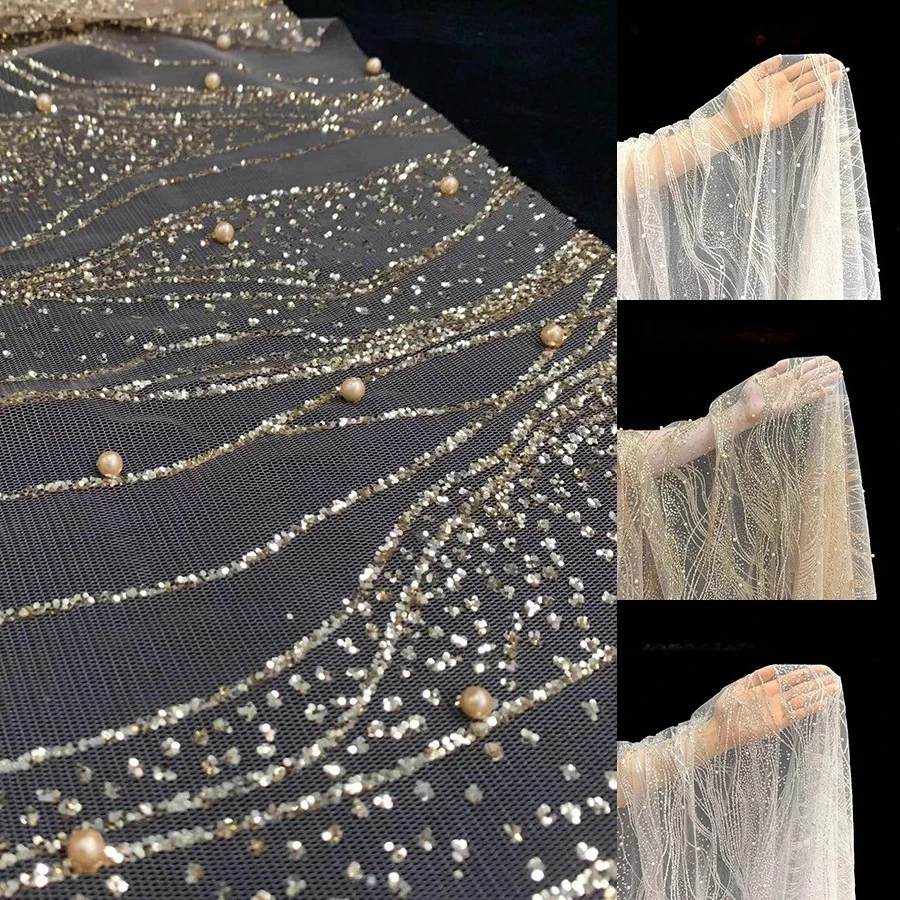 

Шампанское, золото, серебро, белые блестки, жемчужная сетчатая ткань, посыпанная золотой водной рябью, вышивка жемчугом, сделай сам, фоновая ткань