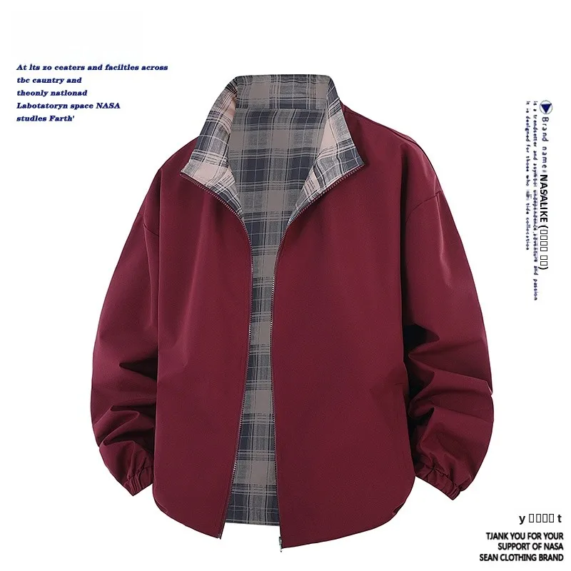 

Мужская куртка свободного покроя цвета красного вина с воротником-стойкой, двусторонняя одежда, бейсбольная одежда, повседневная спортивная одежда, ветрозащитный полиэстер