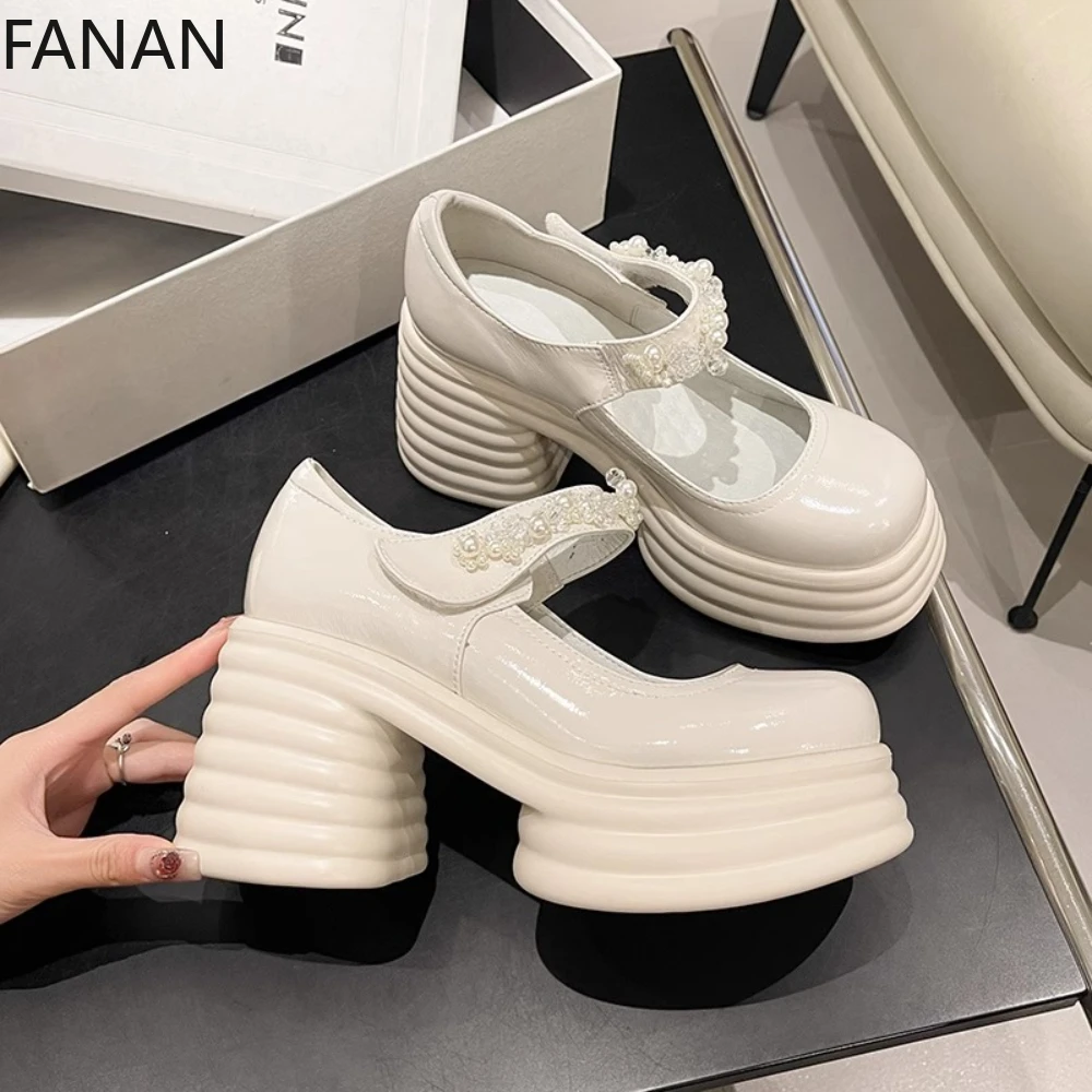 

Platform Shoes for Women's White Pearl Mary Jane Bridal High Heels Leather Elegant Comfortable Lightweight Pumps Japanese