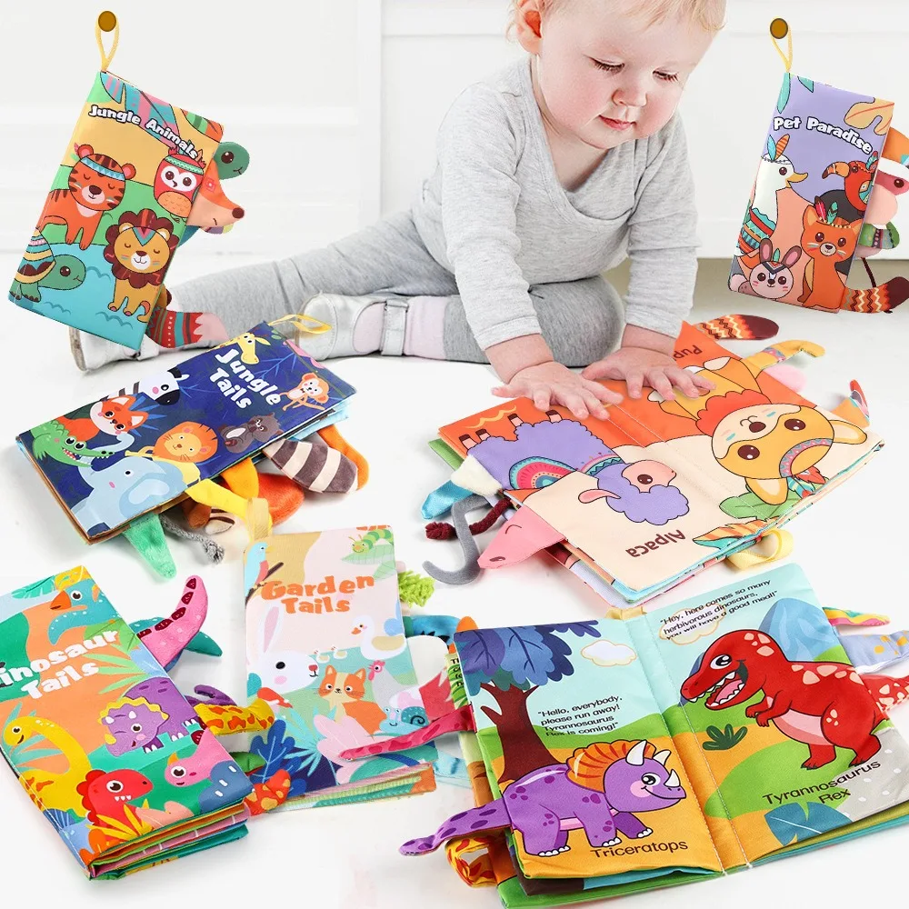 

Развивающая интерактивная тактильная книжка-шуршалка из ткани с 3D-хвостиками динозавров, 6 страниц, 12 сторон, для раннего развития