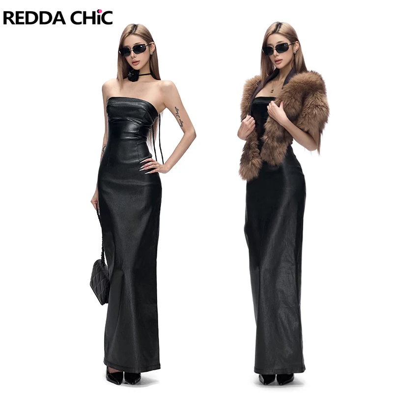 

REDDACHiC Платье-шаль из искусственного меха, винтажный черный кожаный корсет с цветочным принтом и завязкой на шее, длинное платье-труба, вечерние, сексуальная женская одежда