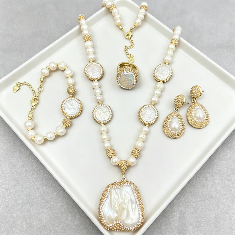 

luxury Natural Freshwater Pearl Jewelry Sets for Women Irregular Baroque Pearl Strand Chain Necklace Bracelet Rings for Wedding