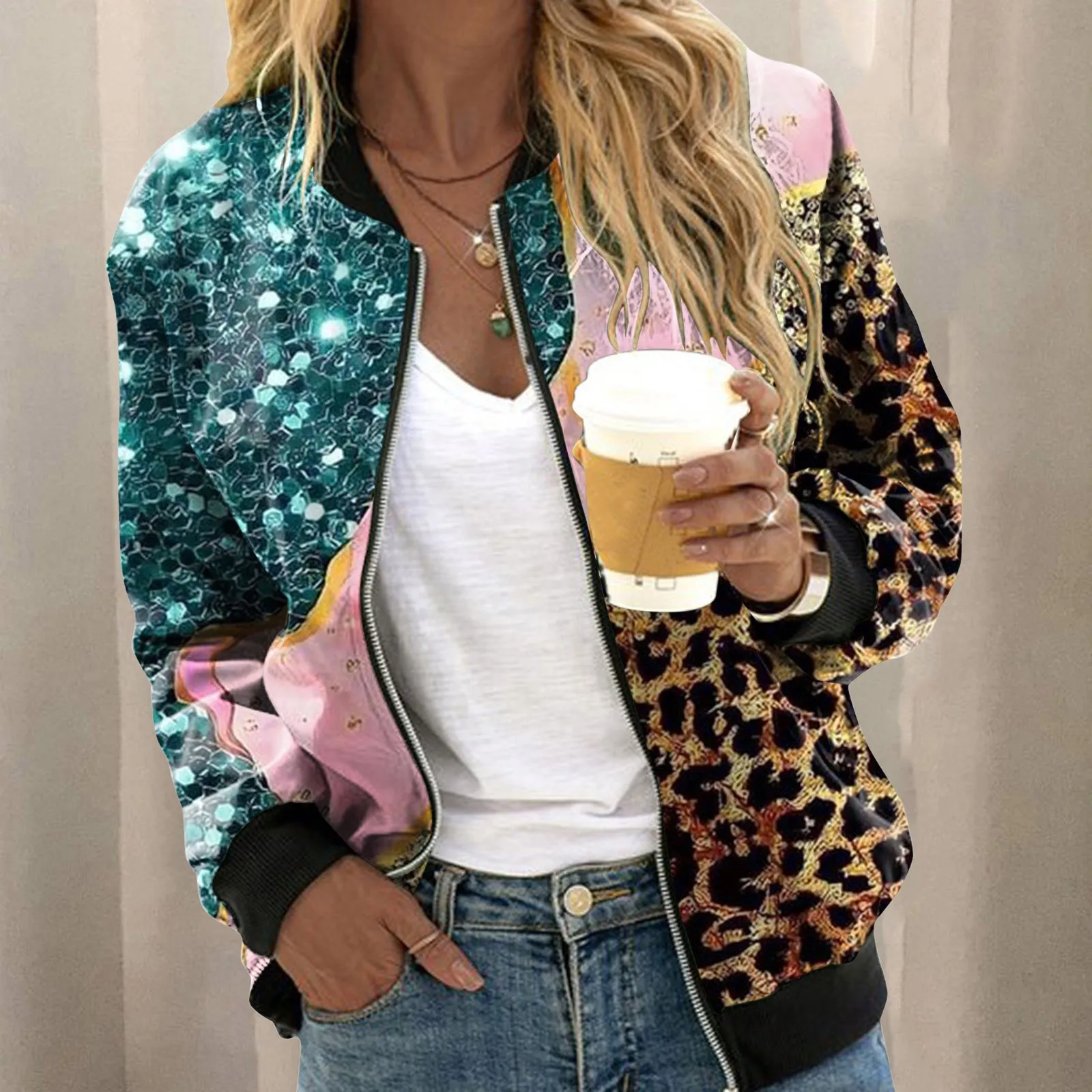 Womens Casual Daily Jackets Elegant Zip Up Slim Outerwears Floral Print Coat Gradient colour Autumn Long Denim Jacket for Women