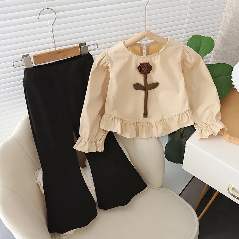 

New 2024 Girls' Suit 10M-36M Baby Spring Autumn Fashion Children's Wear Children's Western Style Top Bell-bottoms 2-piece Set