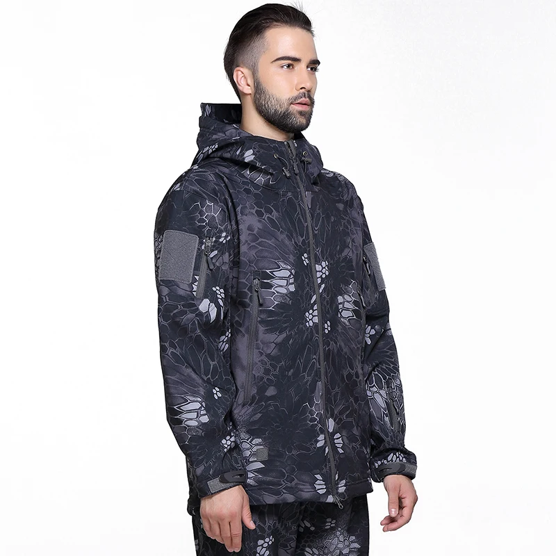 Men\'s Soft Shell Camouflage Tactical Jacket Men Waterproof Fleece Lined Coat Hooded Outdoor Hiking Hunting Clothes