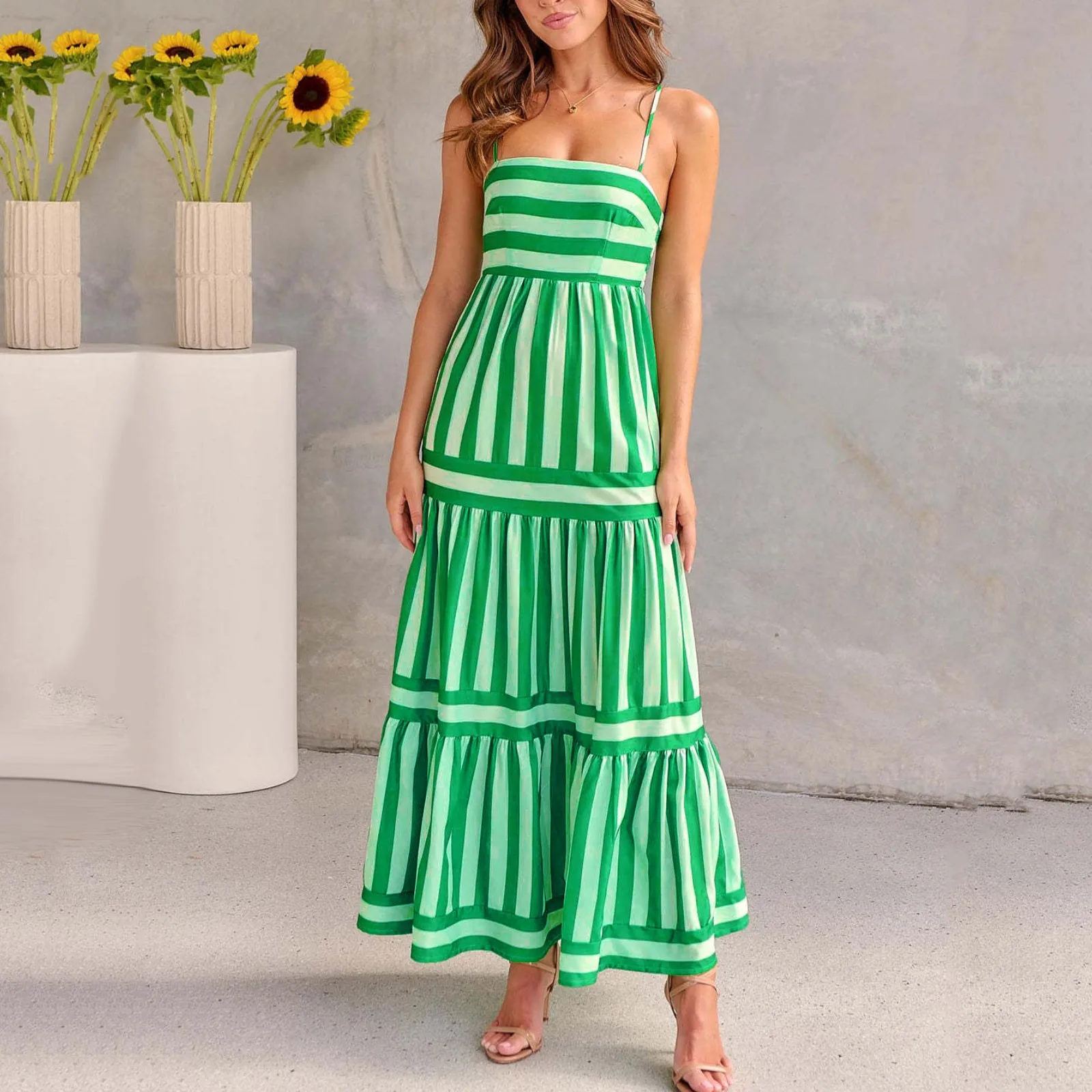 

Fashion Vintage Womens Boho Summer Striped Swing Beach Dress Backless Sleeveless Spaghetti Straps Flared A-Line Sundress