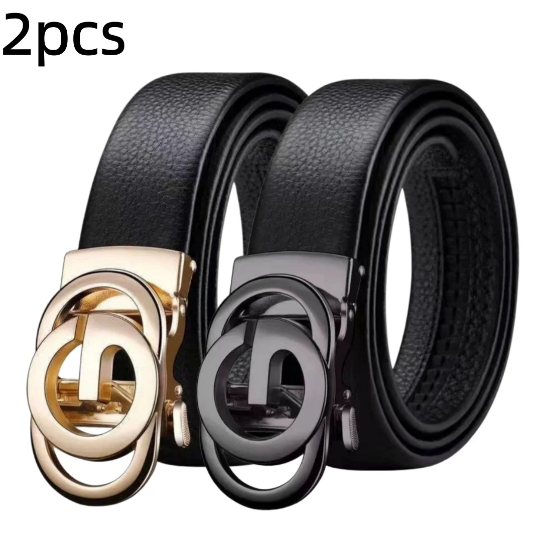 Image of 2-teiliges Herren-Gürtelset mit automatischer Schnalle, hohle Doppelring-Metallschnalle mit automatischer Verriegelung, solider schwarzer Taillengürtel für Business-Casual