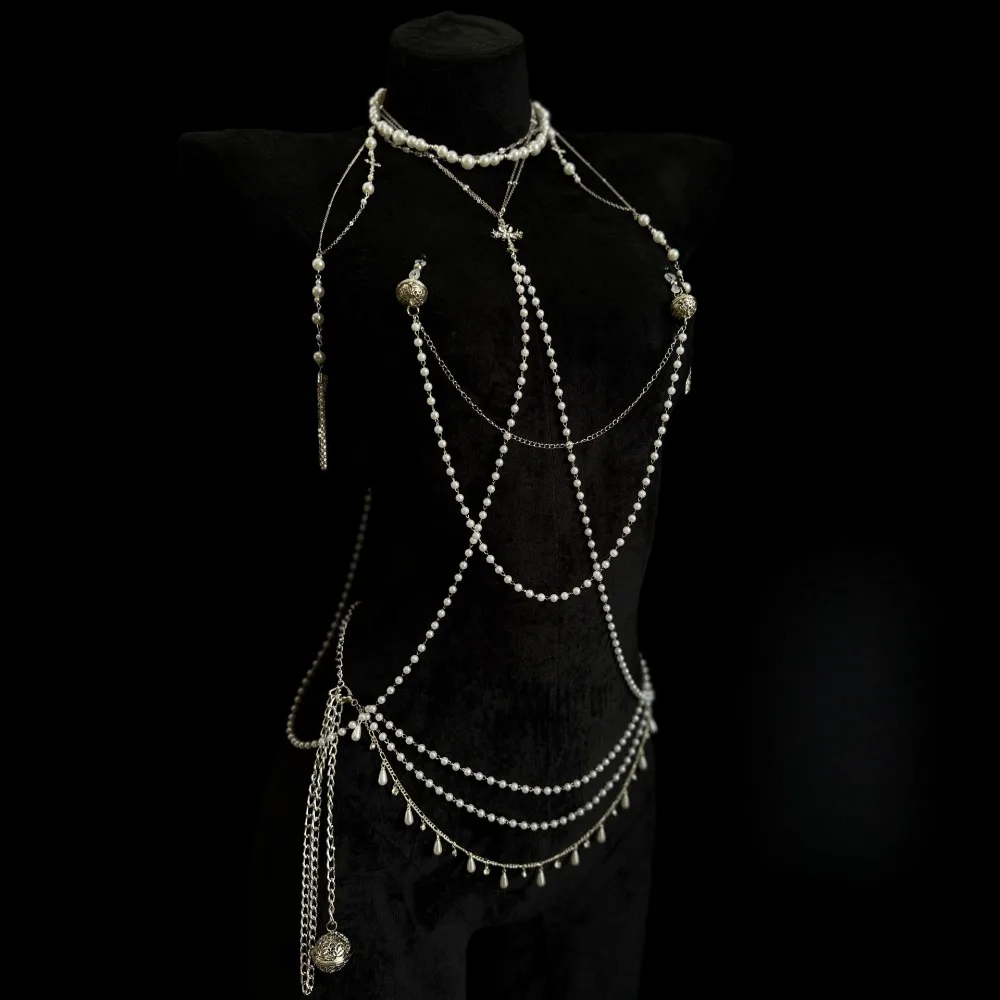 5 Styles Gothic Cross Pearl Chest Body Chain Nipple Ornaments Elastic Alligator Willow Leaf V Cross Clamp Waist Chain Separately