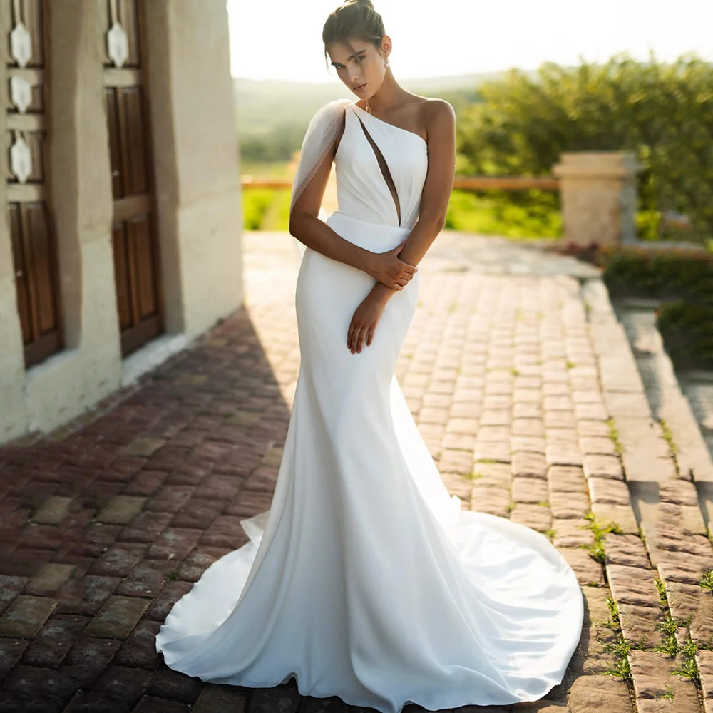 

Romantic One Shoulder Mermaid Wedding Dresses 2025 Detachable Tulle Train Bridal Dress Slit Backless Brides Gown Customized
