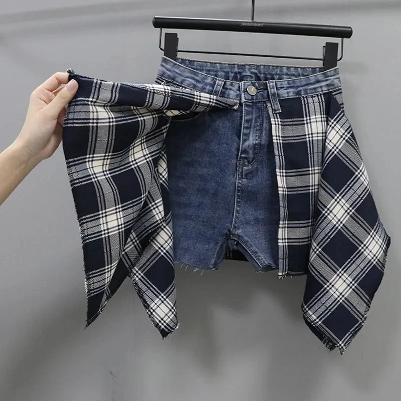 

Plaid Patchwork Denim Shorts Women Streetwear 2025 New High-waisted Elastic Slim Fake two A-line hot Skirts Female Short Jeans