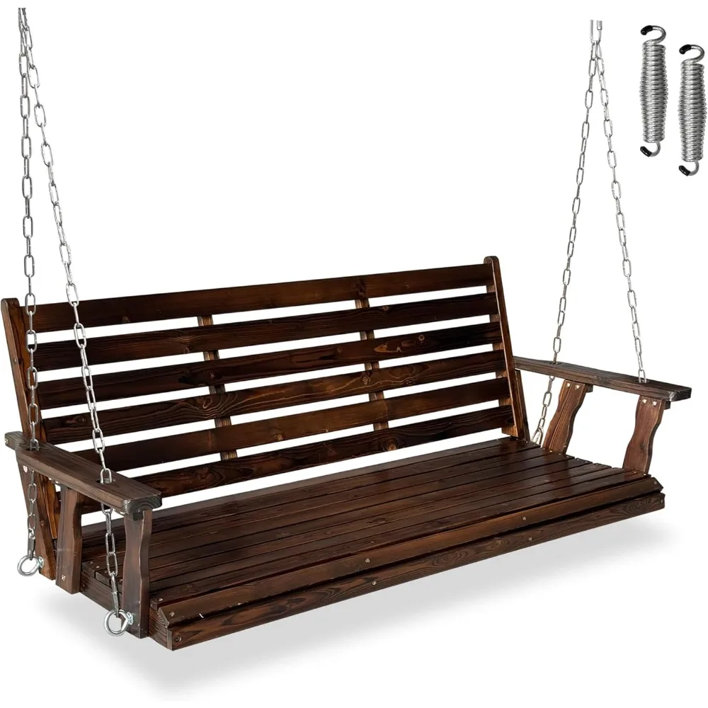 

Wooden Porch Swing, Ergonomic Seat, Bench Swing with Hanging Chains and 7mm Springs, Heavy Duty 880 LBS