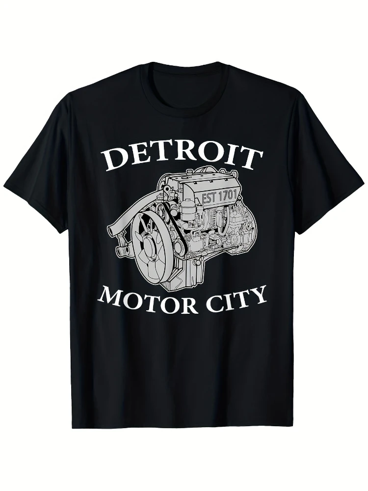 

Vintage Detroit Motor City Car Enthusiast with Big Block V8 Engine Design-100% cotton O-neck short sleeve printed men's T-shirt.