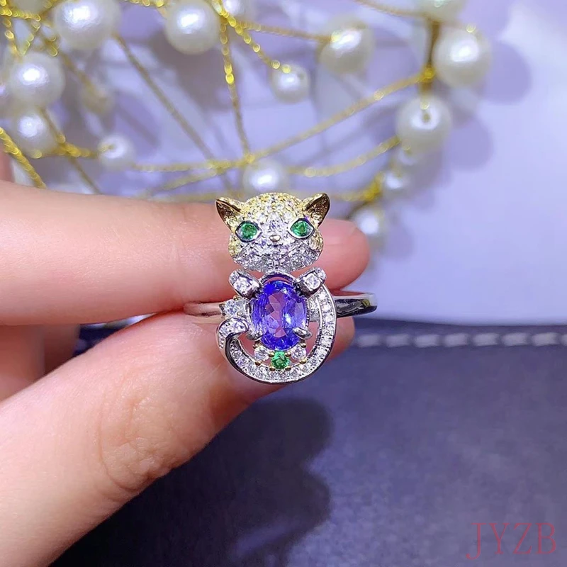 925スターリングシルバージェムストーンリング,100% 天然タンザナイト,かわいい子猫,6x8mm