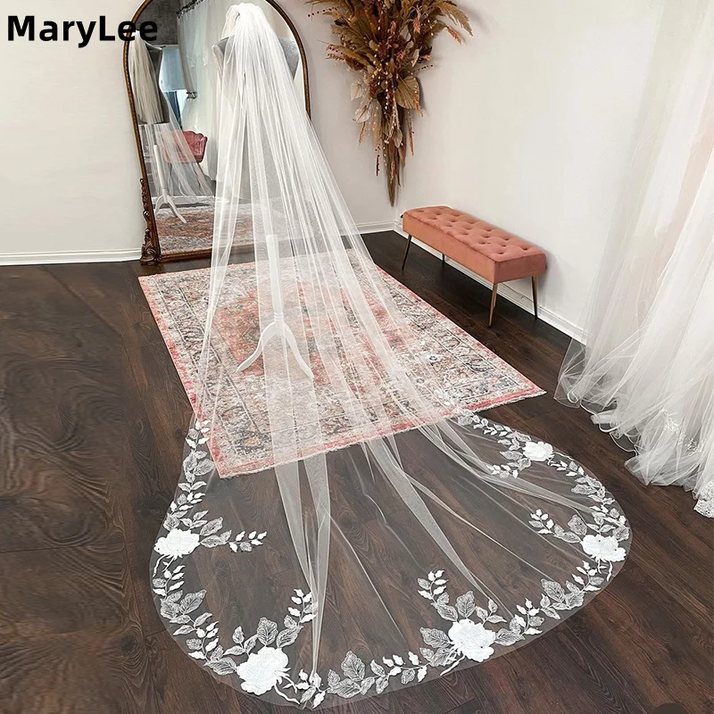 

Romantic Flowers Ivory Wedding Veil with Comb 1 Tier Bride Long Bridal Veils Floral Lace Head Veil Bridal Veils 3m*1.5m