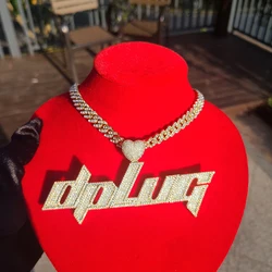 Custom  Name Necklaces Script Font Zirconia Letters Pendant Heart Hook 9CM Cuban Chain Fashion Hip Hop Necklaces Birthday Gift