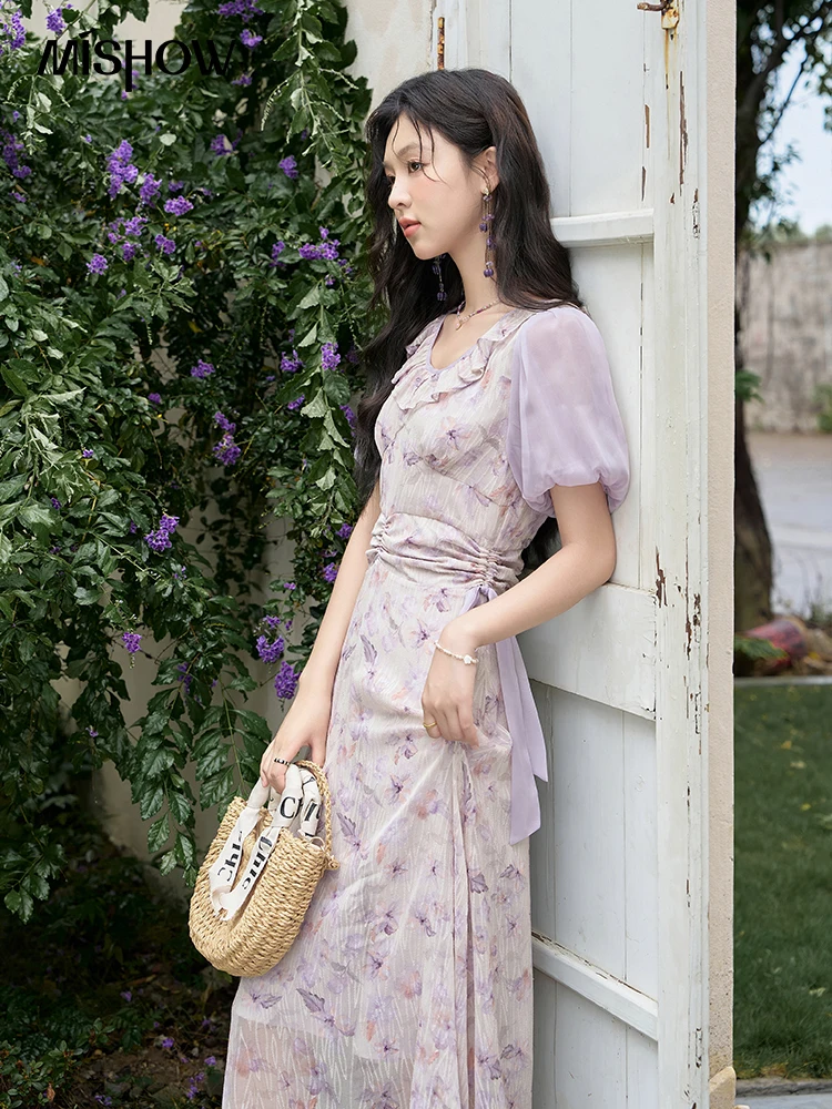 MISHOW Women's Purple Floral Dress 2024 Summer Korean Tea Break Round Neck Ruffled Dresses Waist Lace-up Long Dress MPD21L1849