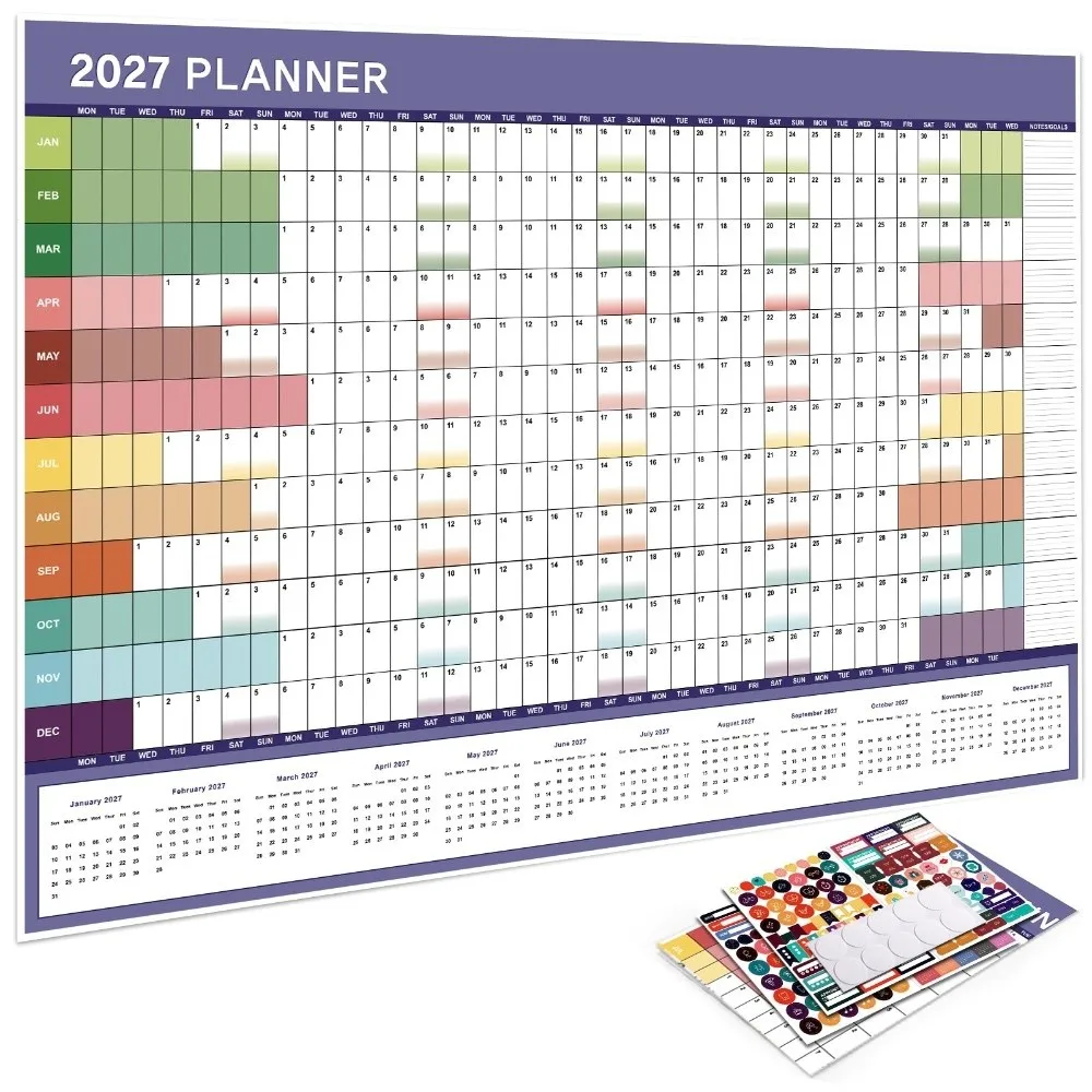 Paper 2027 Wall Calendar Writable Planning Grid To Do List Schedule Calendar Planner Sheet Agenda Organizer Multicolor Layout