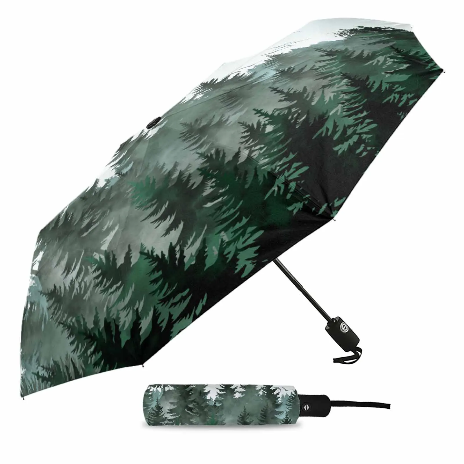 Watercolor Forest Bird Dark Green Automatic Umbrella for Rain Foldable Parasol Umbrella Eight strand Outdoor Umbrellas