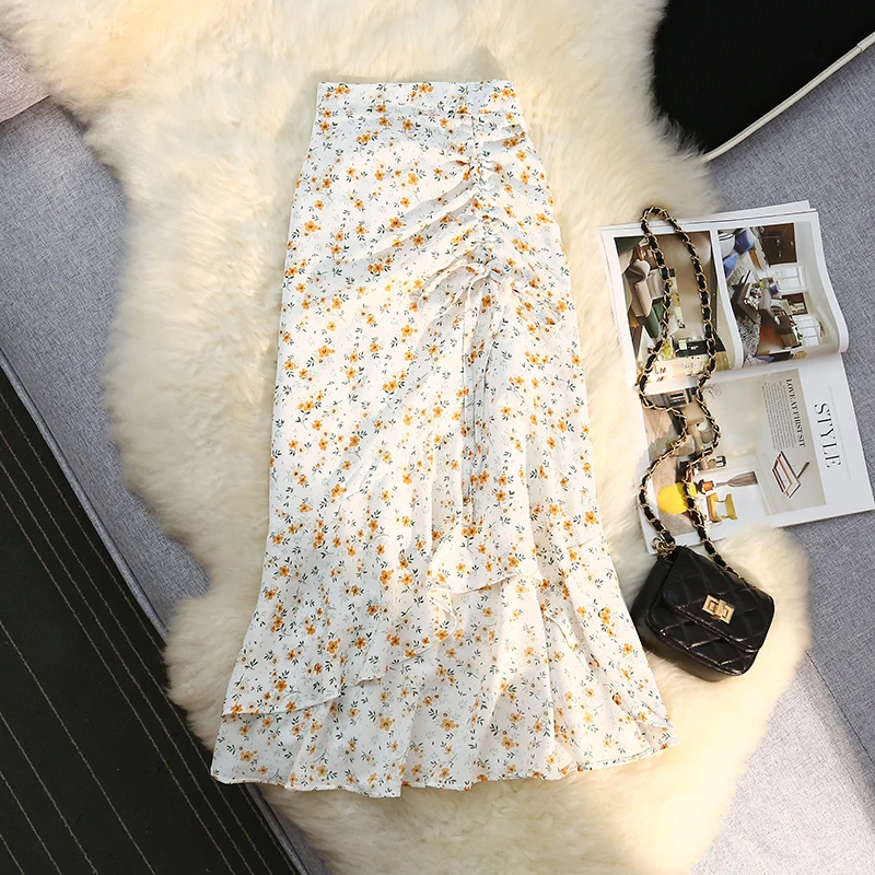 Summer Flower Chiffon Trumpet Mermaid Skirt Women Fashion High Waist Shirring Irregular Midi Long Skirt