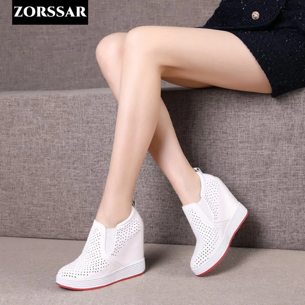 14cm oryginalne skórzane damskie buty w stylu casual platforma klinowe ukryty obcas Hollow letnie buty platforma grube tenisówki moda białe