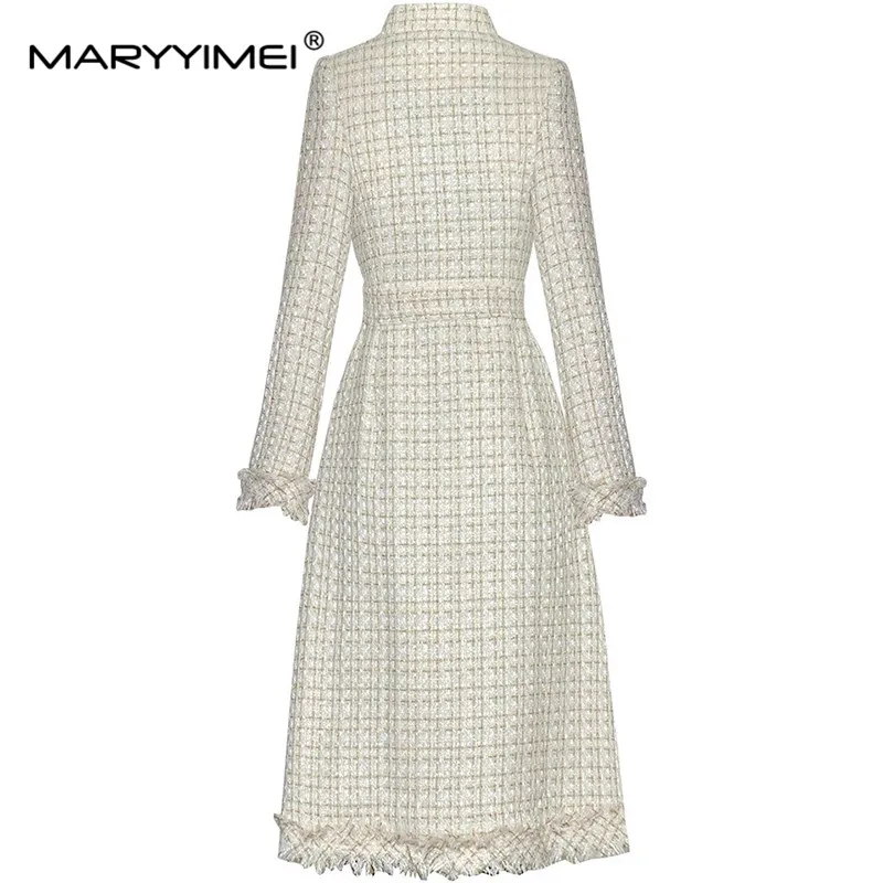 MARYYIMEI New Fashion Women's Autumn and Winter Coat Stand Collar Single-Breasted Long Sleeved Lace-Up Elegant Overcoat