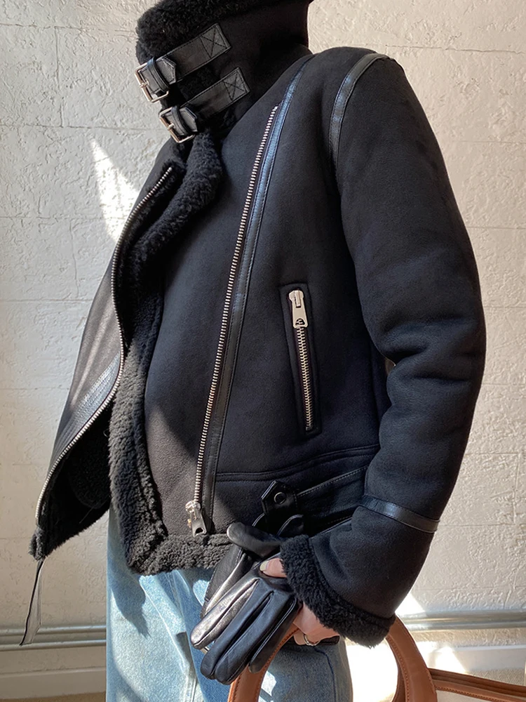 Ailegogo-Jaqueta curta de couro grosso quente falso camurça feminina, casaco retro fino, outwear de pele, streetwear de motociclista feminino, cinto