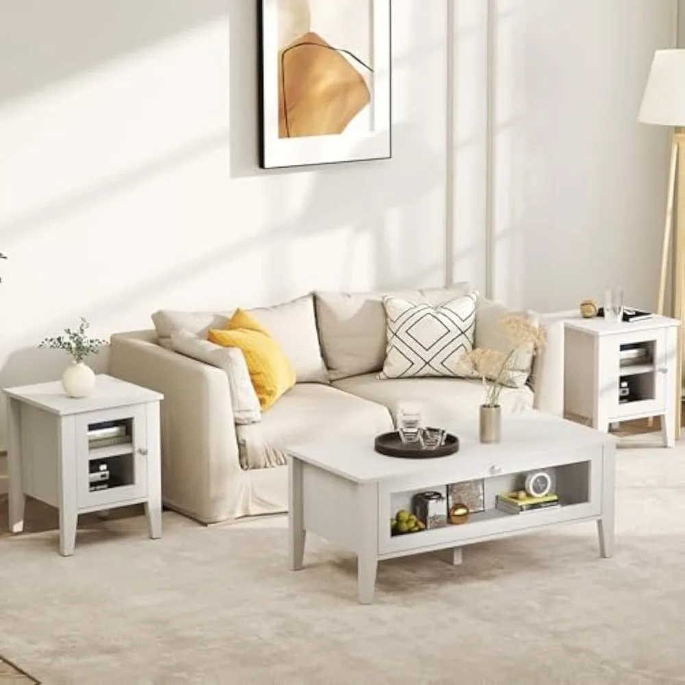 Modern White Coffee Table with Glass Door Storage Compartment, Rectangular Wooden Center Table for Living Room, 39.4"*18.9"*16"