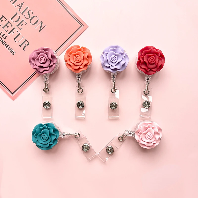 1 Pcs Quality Resin Stereoscopic Rose Retractable Nursee Badge Elegant Flowers Name Tag ID Card Holder with Clip Keys Lanyard