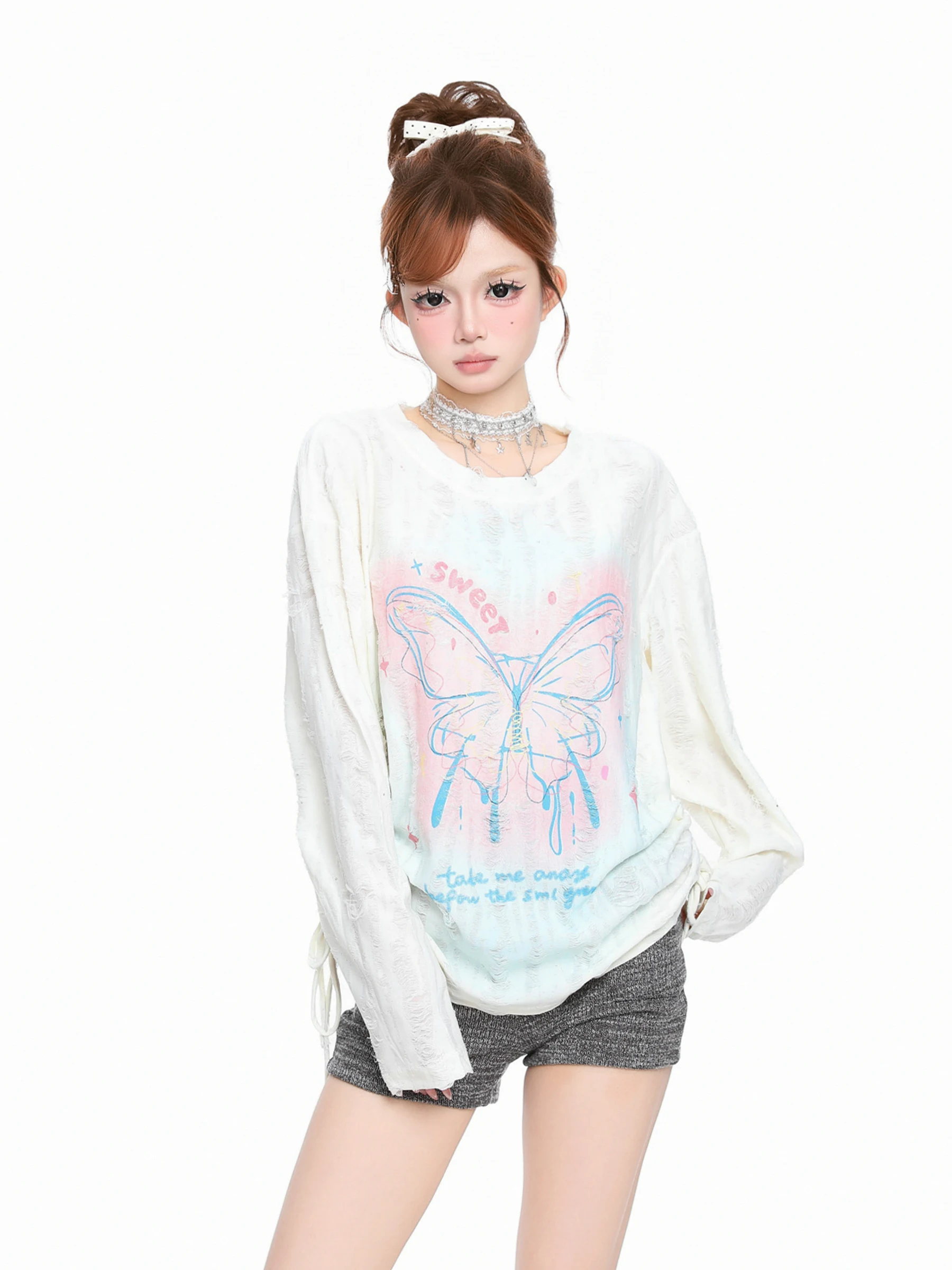 BASTERDS Sweet Gradient  Print Long Sleeve T-Shirt Women's Lazy Style Loose Slimming Cover up Top Spring Commute Fas...