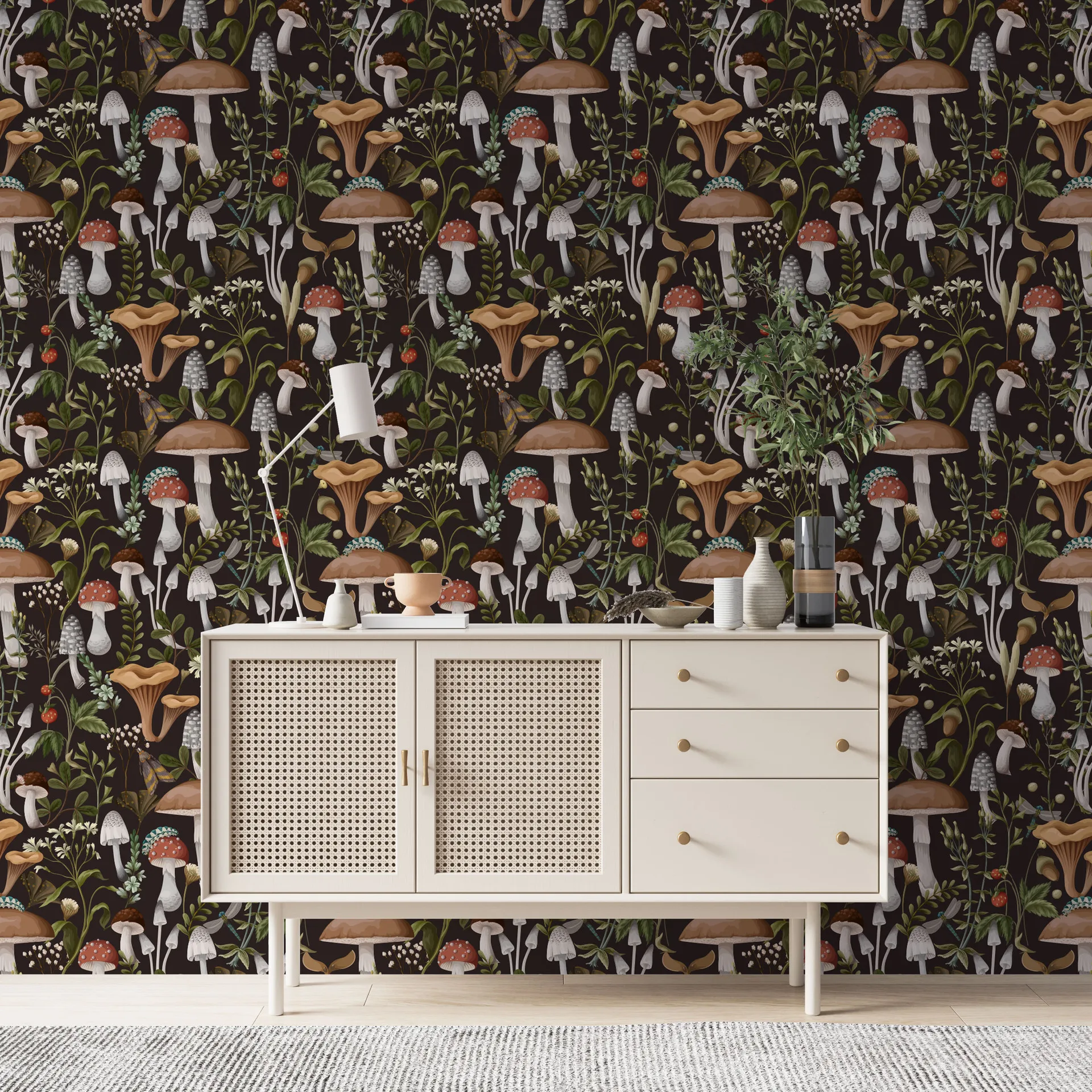 Peel and Stick Wallpaper Boho Mushroom Removable Stick on Forest Contact Paper for Bathroom Black/Brown/Green