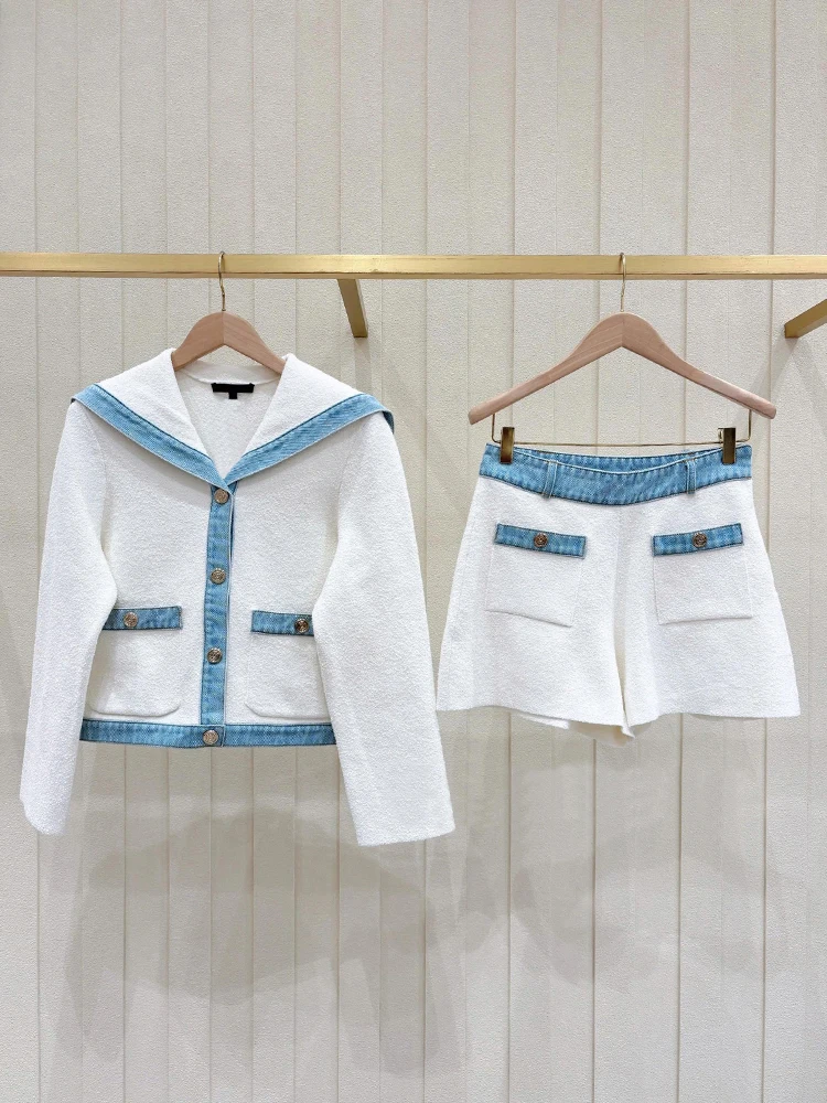 

Maje Migi, весна 2024, женский высококачественный джинсовый вязаный кардиган Jaet orts, темно-синий воротник, длинный свеч на пуговицах Faion