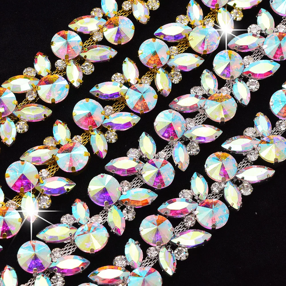 1 Yard AB Colorful Rhinestones With Complex Geometric Splicing Sparkling Crystal Glass Sewn On Dresses Wedding Dresses Weddin