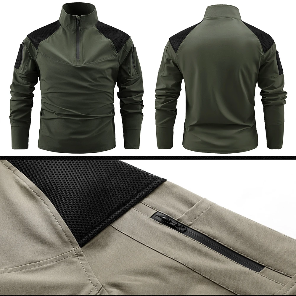 Half-zip tactical frogskin jacket for men - outdoor stretch military stand-up collar multi-pocket long-sleeved hoodie - 2206