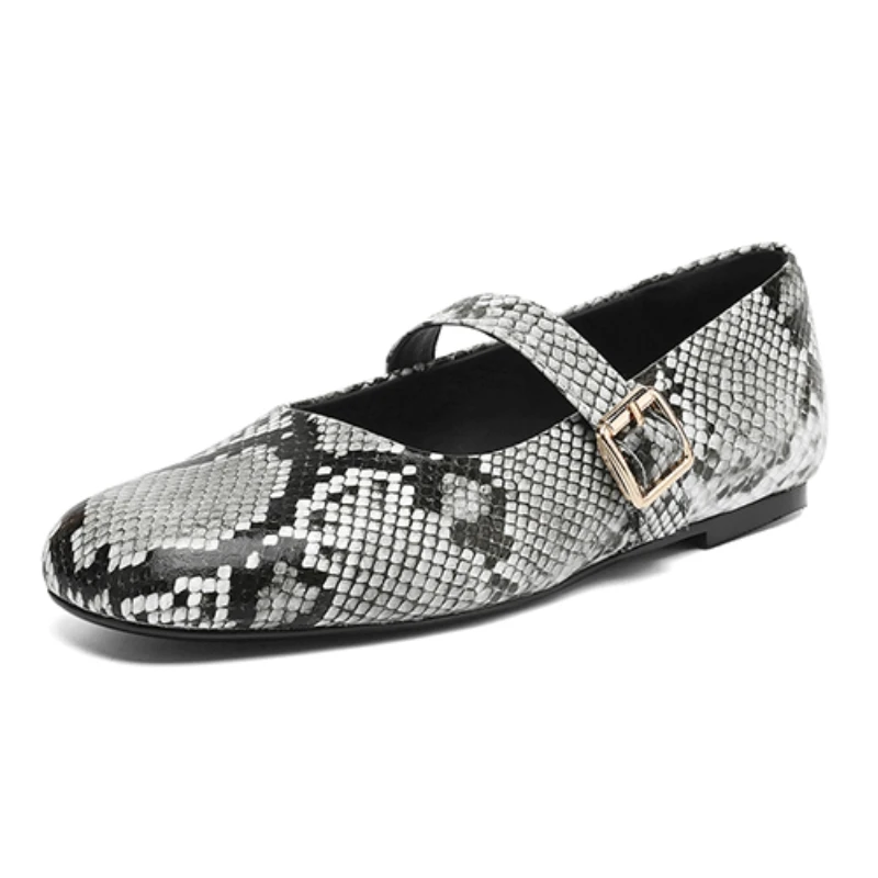 2026 New Genuine Leather Mary Janes Flats Shoes Woman Buckles Square Toe Loafers Casual Daily Flats Shoes Big Size Sanke Print