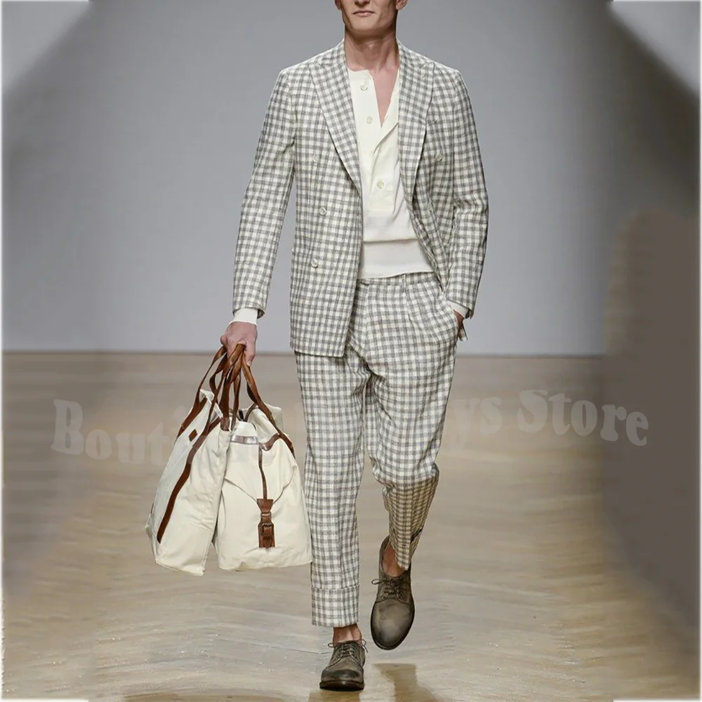 

Unique Plaid Suit For Men Classic Peaked Lapel Blazer Set Single Breasted Fashion Show Banquet Prom Suits Set Customized