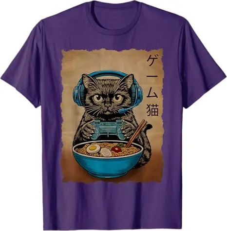 Gamer-Katze Lustige Geschenke für Teenager Jungen Japanische Ramen-Katze Gaming T-Shirt Y2k Anime Kätzchen Nudeln Essend Maga Grafik Kleidung Comic Tee – Detail 5