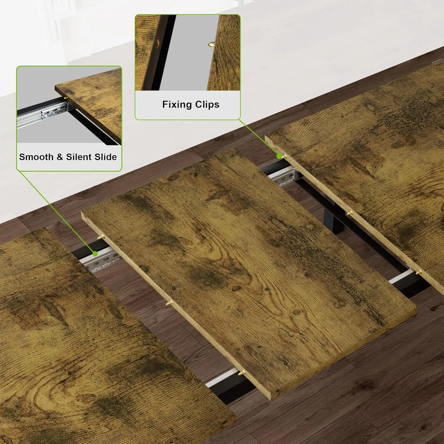 5-Piece Dining Table for 4-8 People, 63" Extendable Kitchen Table Set with 2 Benches & 2 Square Stools, Dining Room Table