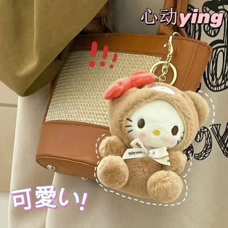 Sanrio Bear Wear Plush Keychain Cinnamoroll Bag Accessories Hello Kitty Stuff Pendant My Melody Plushie For Birthday Gift