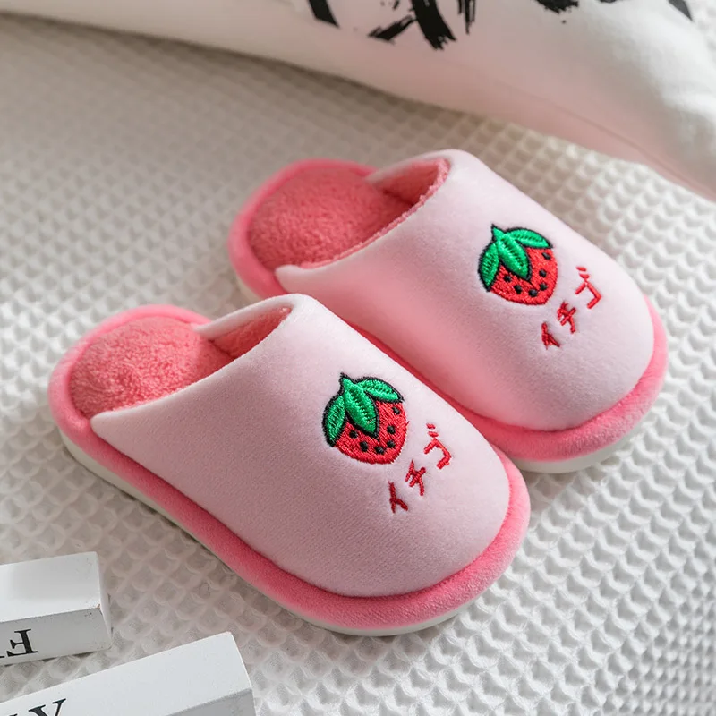 2024 New Warm Winter House Slippers For Girls Boys Cute Fruit Pattern Japan Bedroom Children Cotton Home Shoes