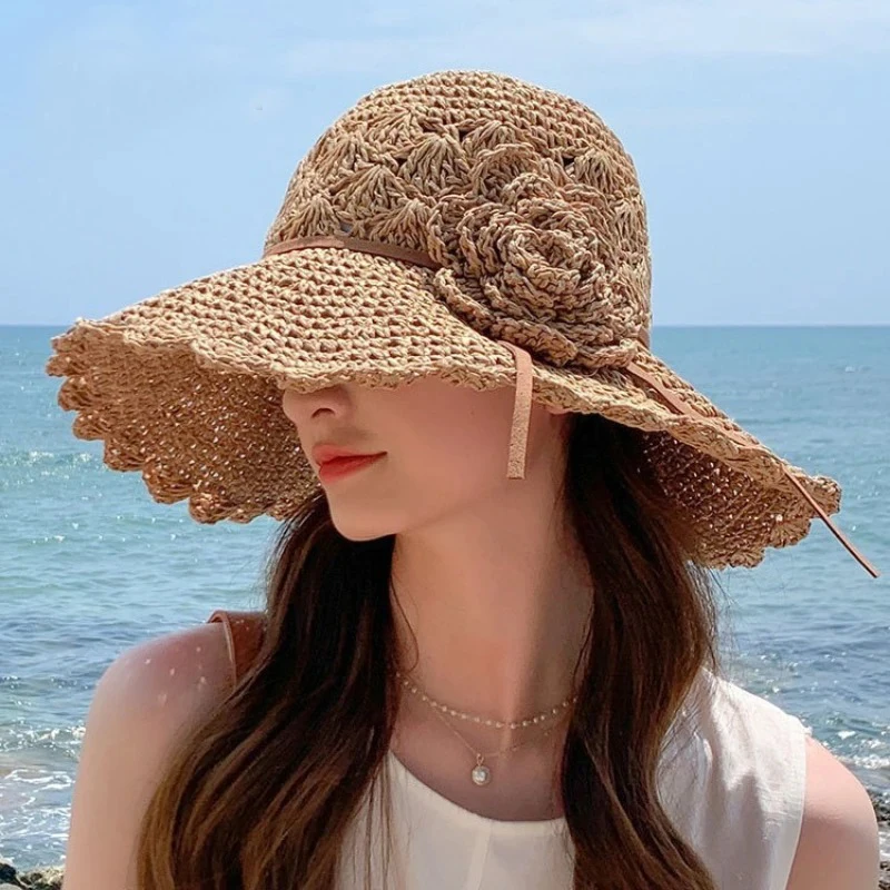 المرأة الصيف قبعة القش الشاطئ طوي حماية الشمس واسعة حافة قبعة الشمس Bowknot الزهور الشريط بنما في الهواء الطلق لينة أغطية الرأس